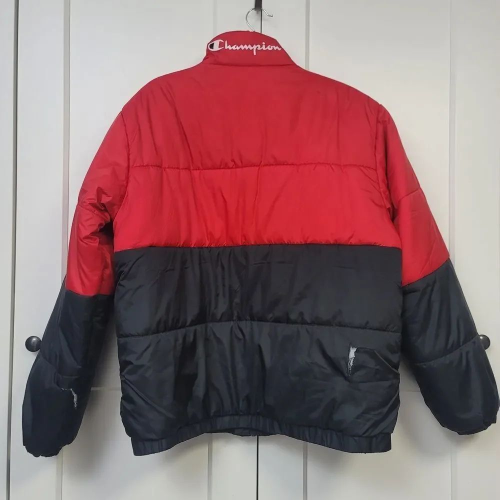 Champion Men's Stadium Colorblocked Red and Black Puffer Jacket, Large - Picture 7 of 9